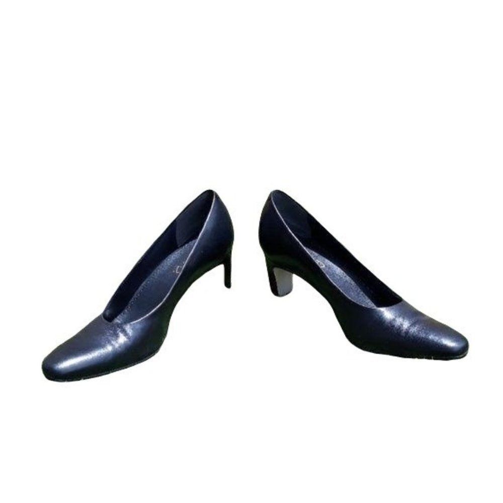 Michelle D Pumps Black Leather 3" Heel Almond Toe Slide On‎ Career Work 8.5N